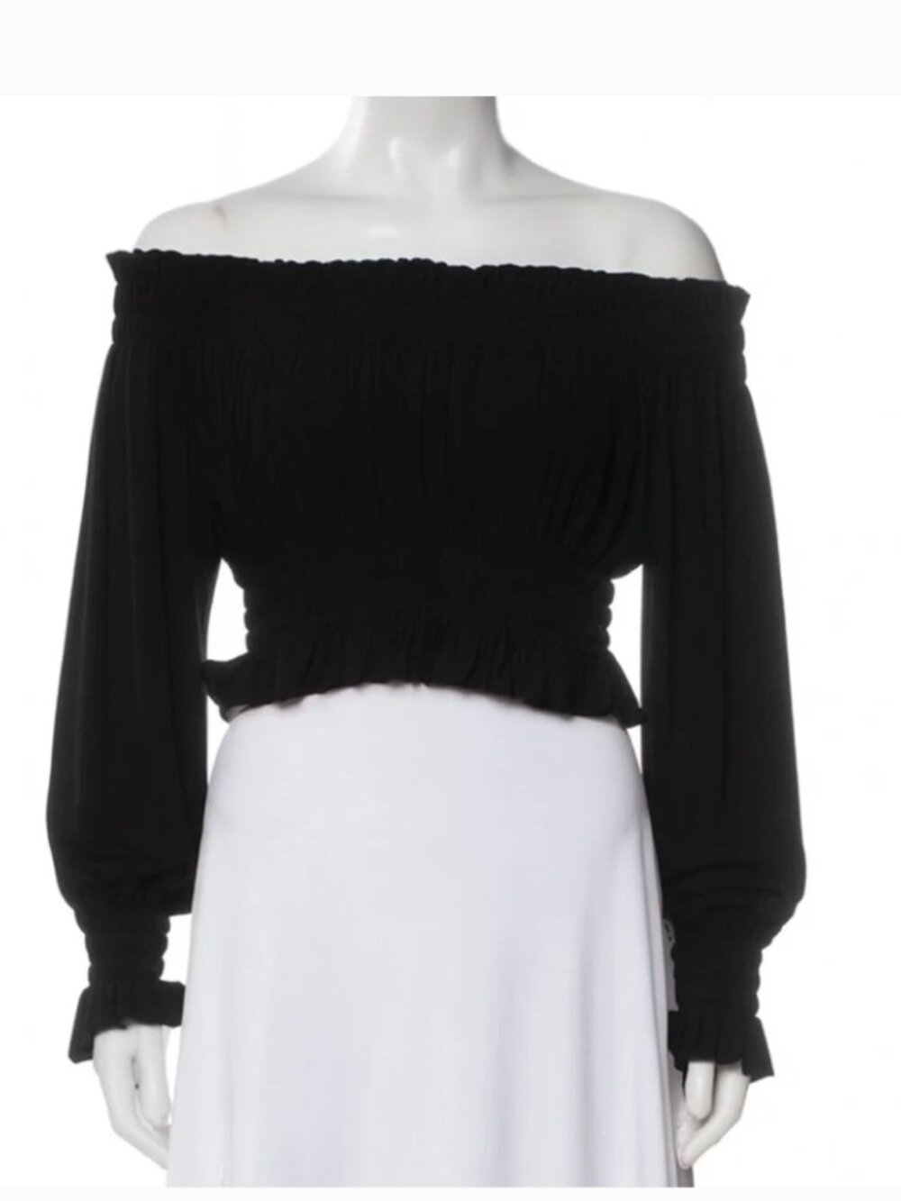 Norma Kamali Black Off-Shoulder Smocked Long Sleeve Top